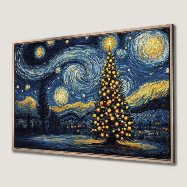 Framed Wall Art: Starry Night Christmas tree painting in blue, yellow, and gold. Add a touch of art to your holiday decor!