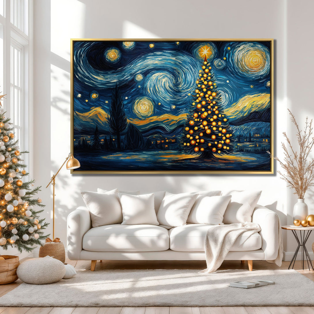Canvas Print featuring a starry night Christmas tree in a Van Gogh style. Blue, gold, and yellow color palette. Perfect holiday wall art.