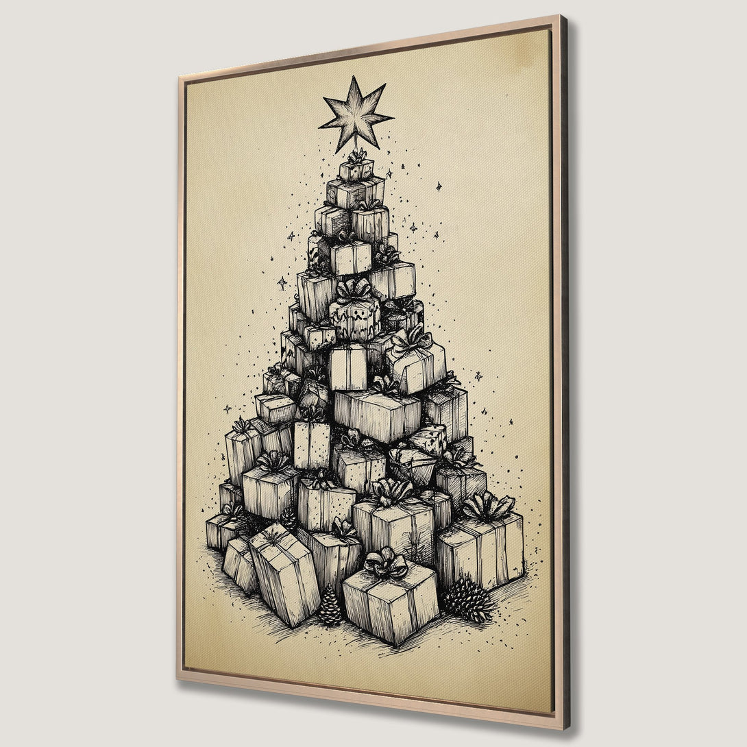 Framed Wall Art featuring a Christmas tree made of gifts, vintage sketch style, neutral beige and black color palette, perfect holiday decor.