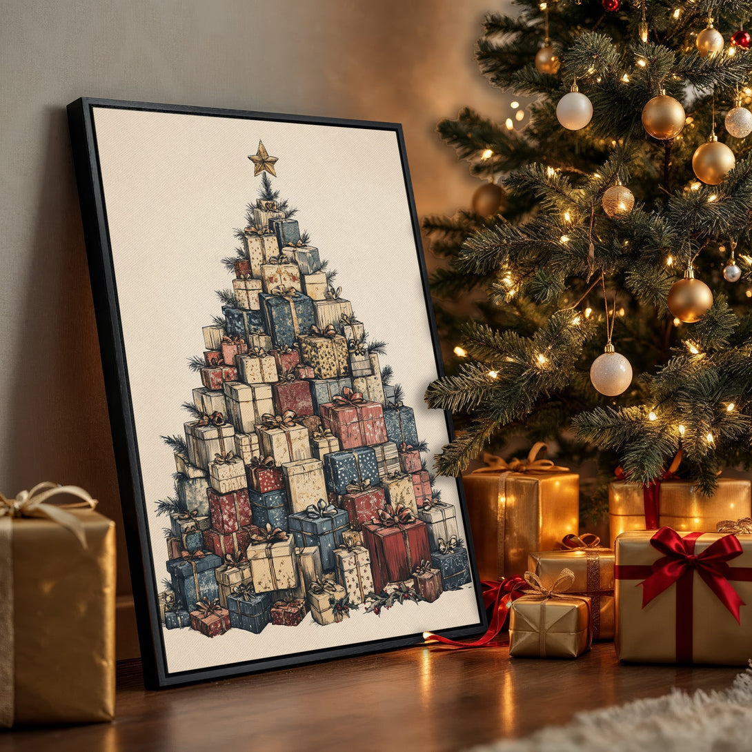 Framed Wall Art: Christmas tree made of gifts, vintage style, warm color palette. Perfect holiday decor for your home!