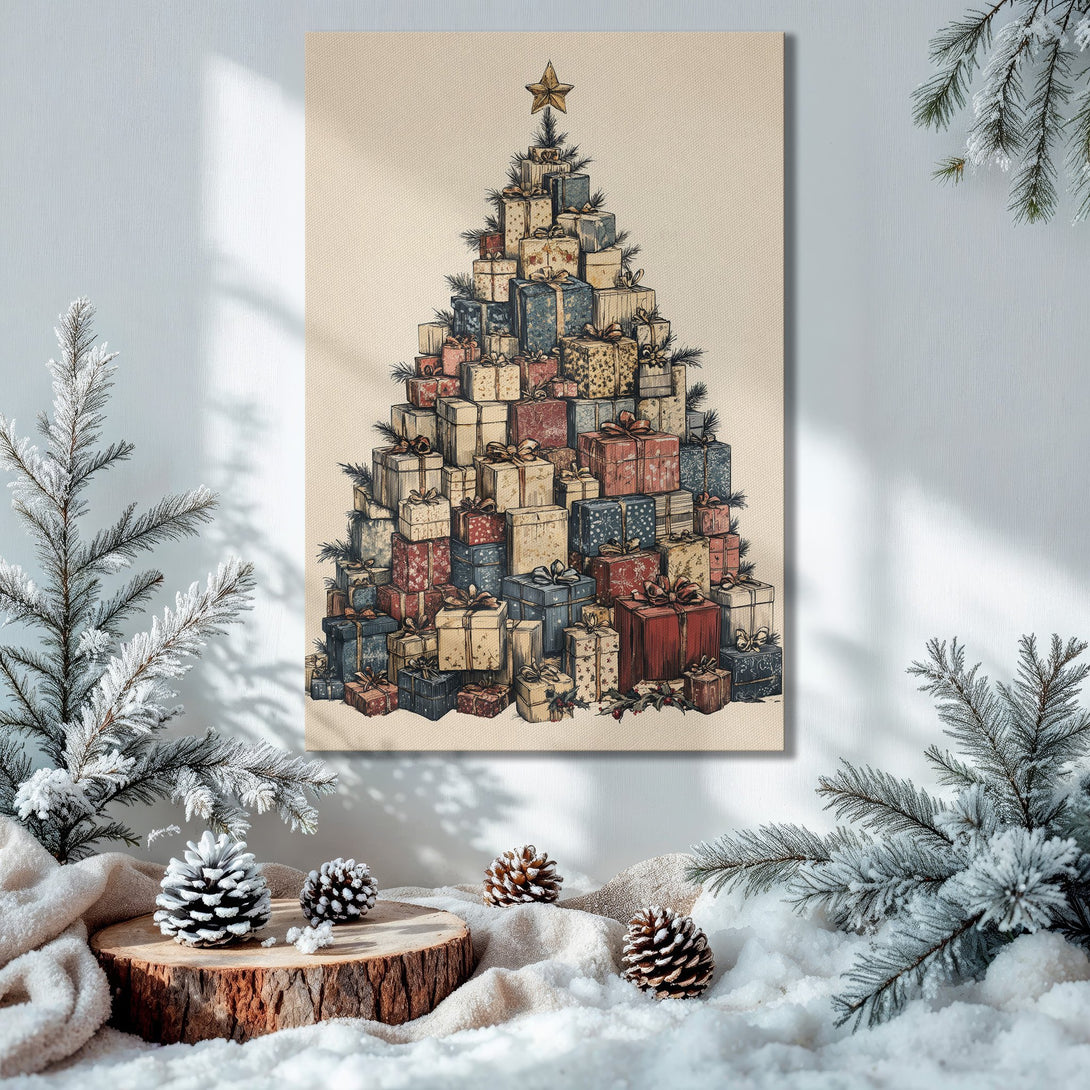 Framed Wall Art: Festive Christmas tree art print with a vintage style and a warm, inviting color palette. Perfect holiday decor!