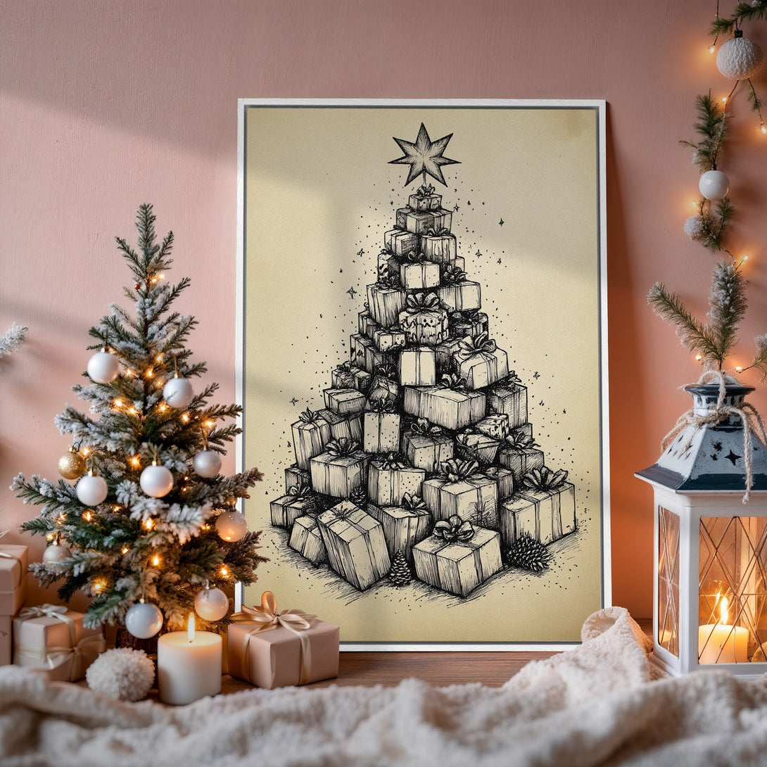 Framed Wall Art: Festive Christmas tree illustration in neutral tones. Perfect holiday decor for a cozy, warm interior. Shop now!