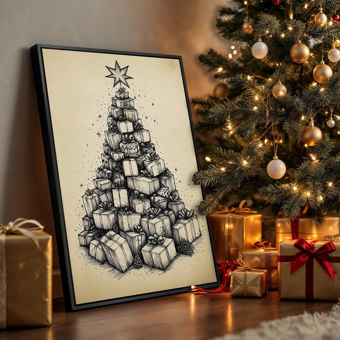 Framed Wall Art: Festive Christmas tree made of gifts, black and white sketch on a cream background, warm gold and red accents in a cozy interior.