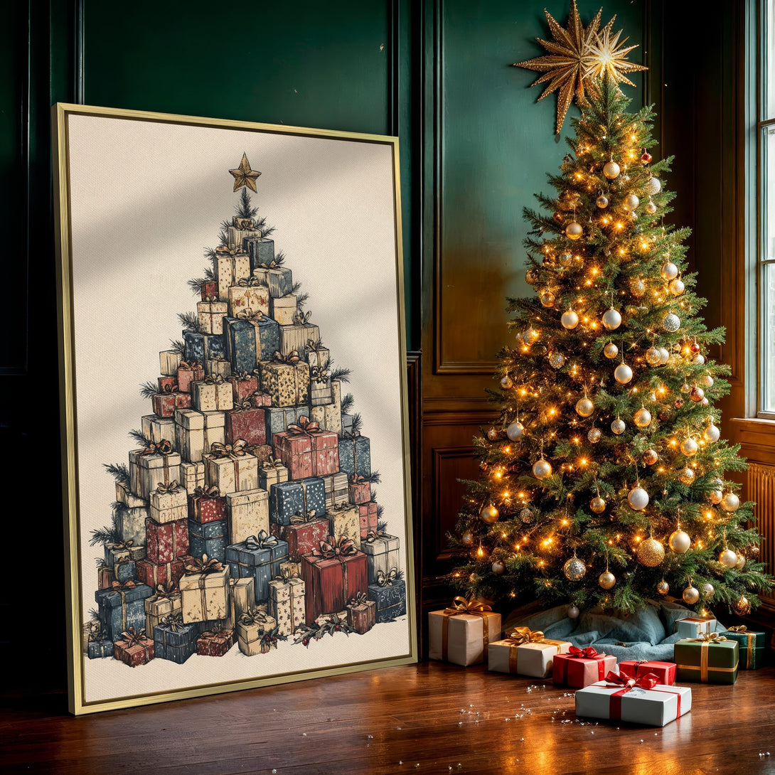 Canvas Print of a Christmas tree made of gifts, vintage style, warm color palette, perfect holiday decor.