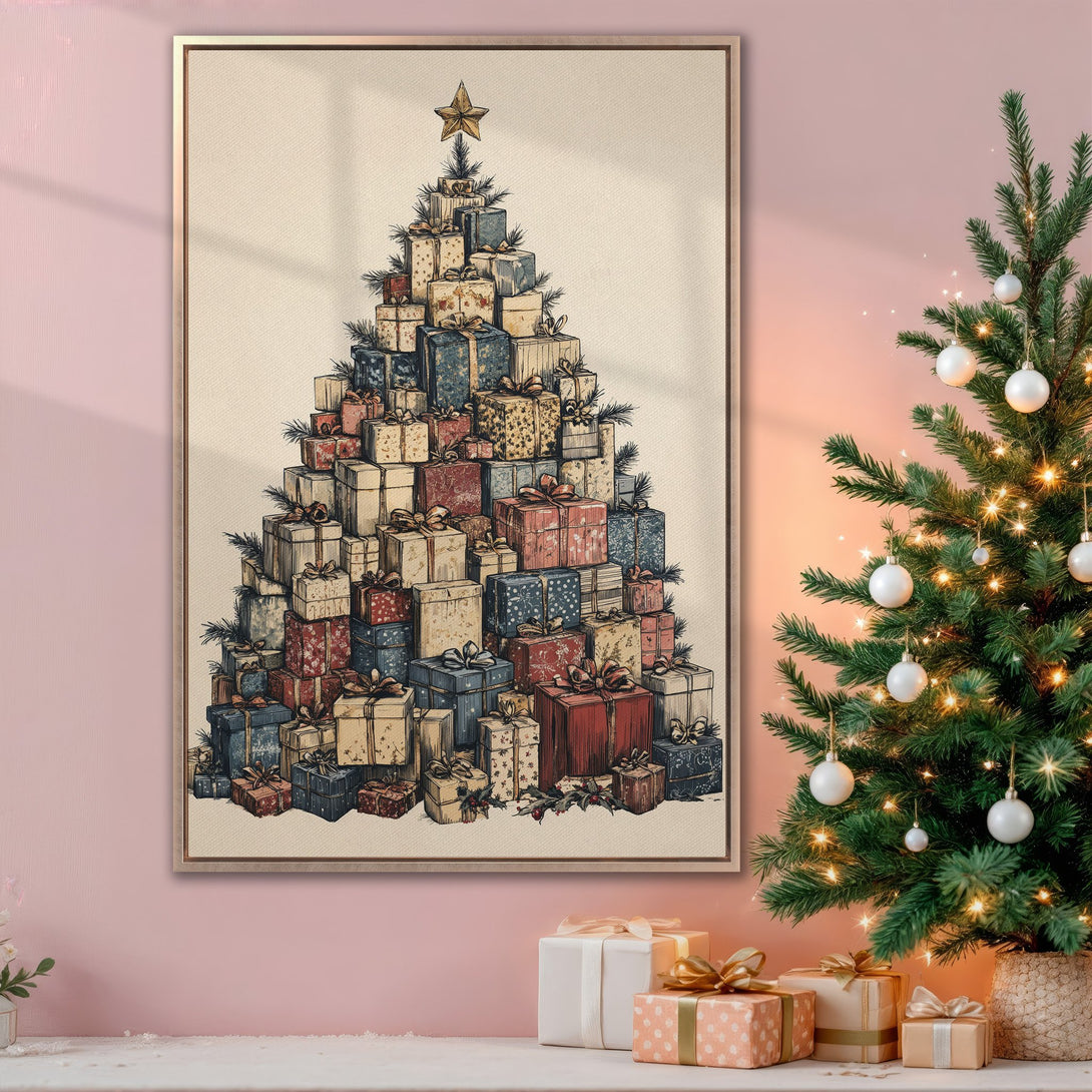 Framed Wall Art: Christmas tree made of gifts, vintage style, warm color palette. Perfect holiday decor for your home!
