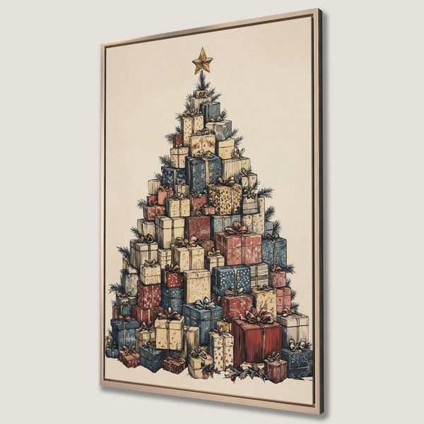 Framed Wall Art: Vintage Christmas tree made of gifts.  Warm, inviting color palette with red, blue, and gold tones. Perfect holiday decor for your home!