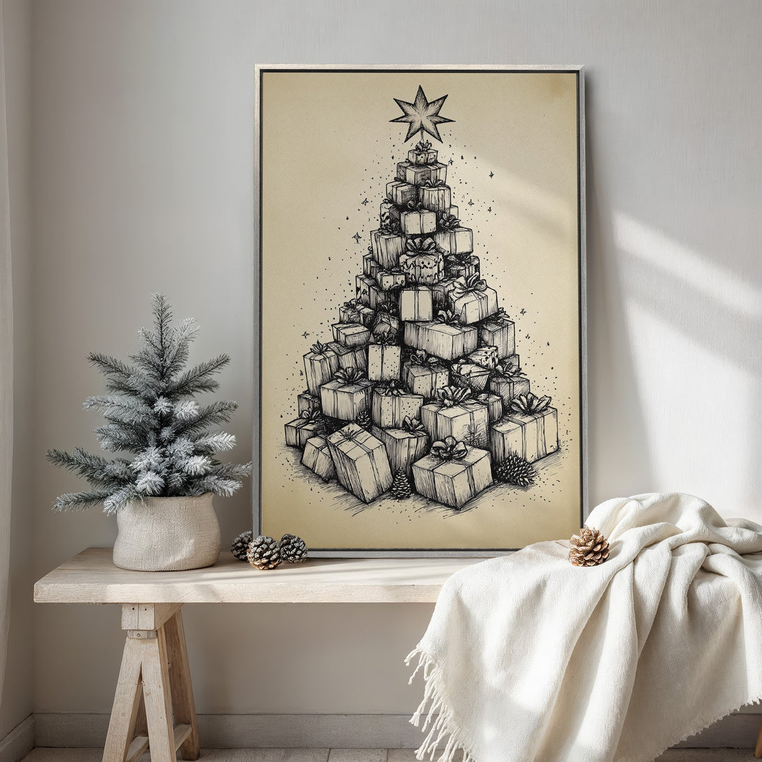 Framed Wall Art featuring a Christmas tree made of gifts, in a minimalist black and white sketch style. Perfect for holiday decor! Neutral color palette.