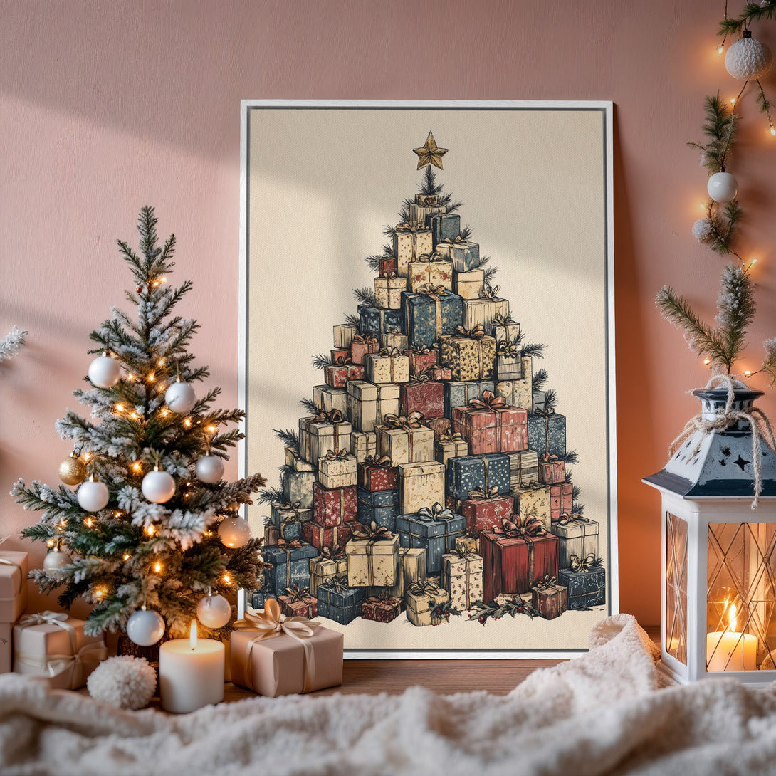 Framed Wall Art: Christmas tree made of gifts in vintage style. Warm color palette, perfect holiday decor. Shop unique canvas prints & wall art today!