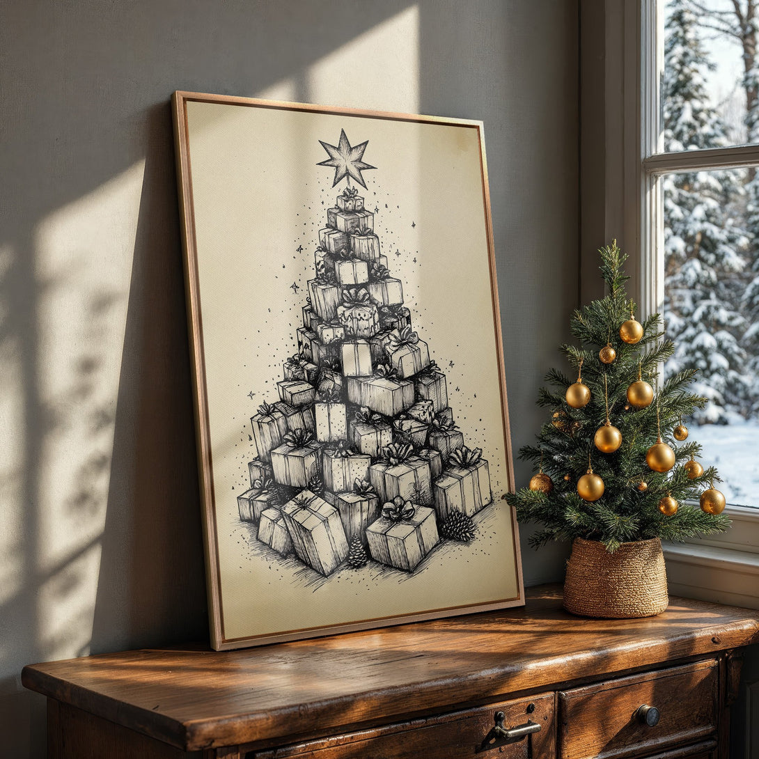 Framed Wall Art: Vintage Christmas tree illustration in neutral tones. Perfect holiday decor.  Black and white sketch on beige canvas, framed in wood.