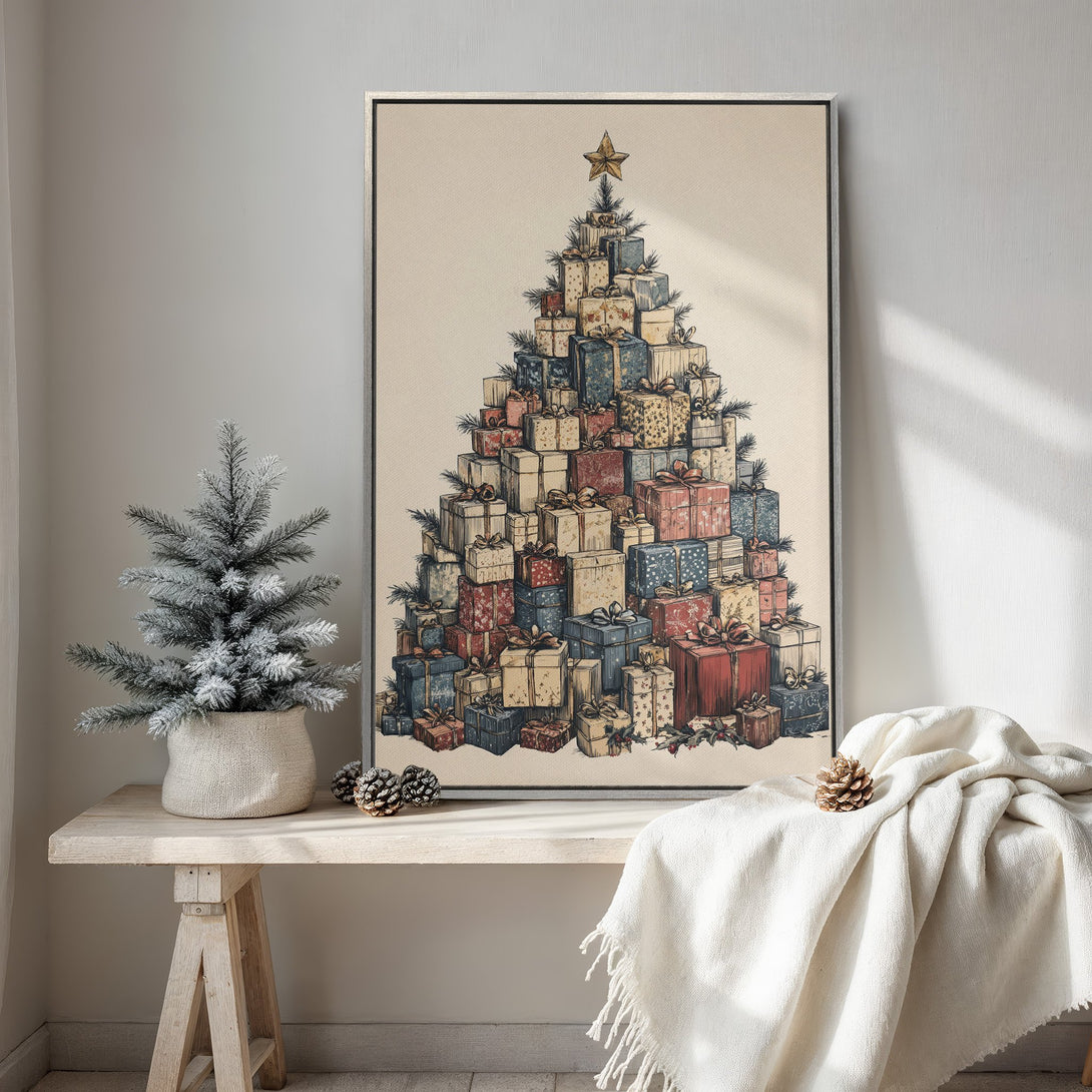 Framed Wall Art: Christmas tree made of gifts, vintage style, warm neutral & red tones. Perfect holiday decor for a cozy home.