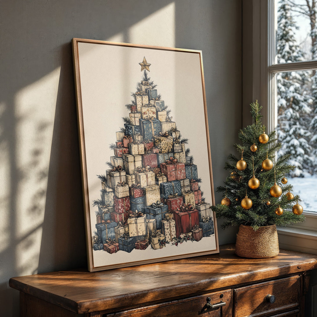 Framed Wall Art of a Christmas tree made of gifts, vintage style, warm color palette. Perfect holiday decor!