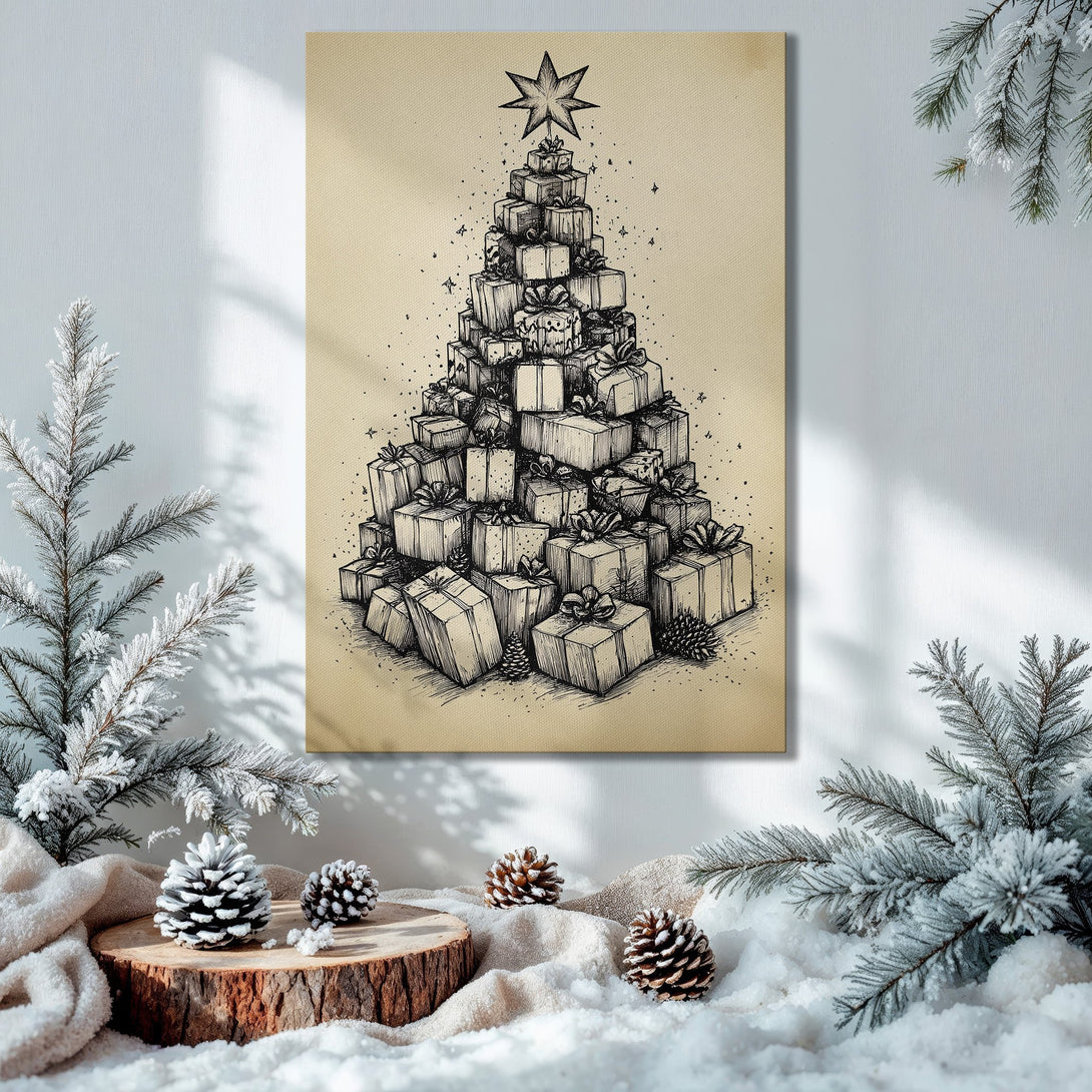Framed Wall Art: Christmas gift tree sketch in a cozy interior. Black and white art with a gold frame, set against a warm, festive color palette.