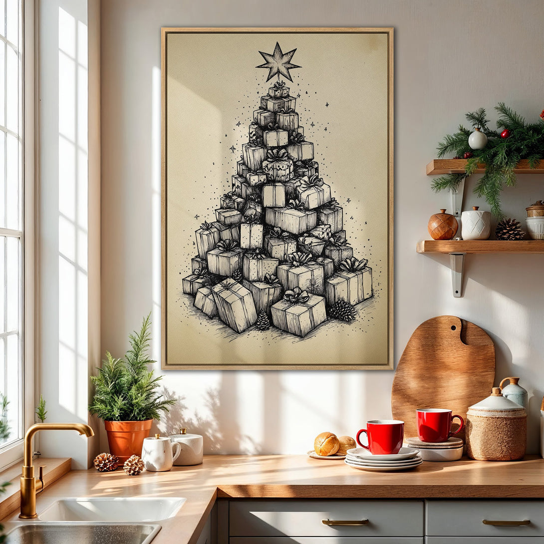 Framed Wall Art: Christmas tree made of gifts, sketched style, neutral tones. Perfect holiday decor for your kitchen or living room.