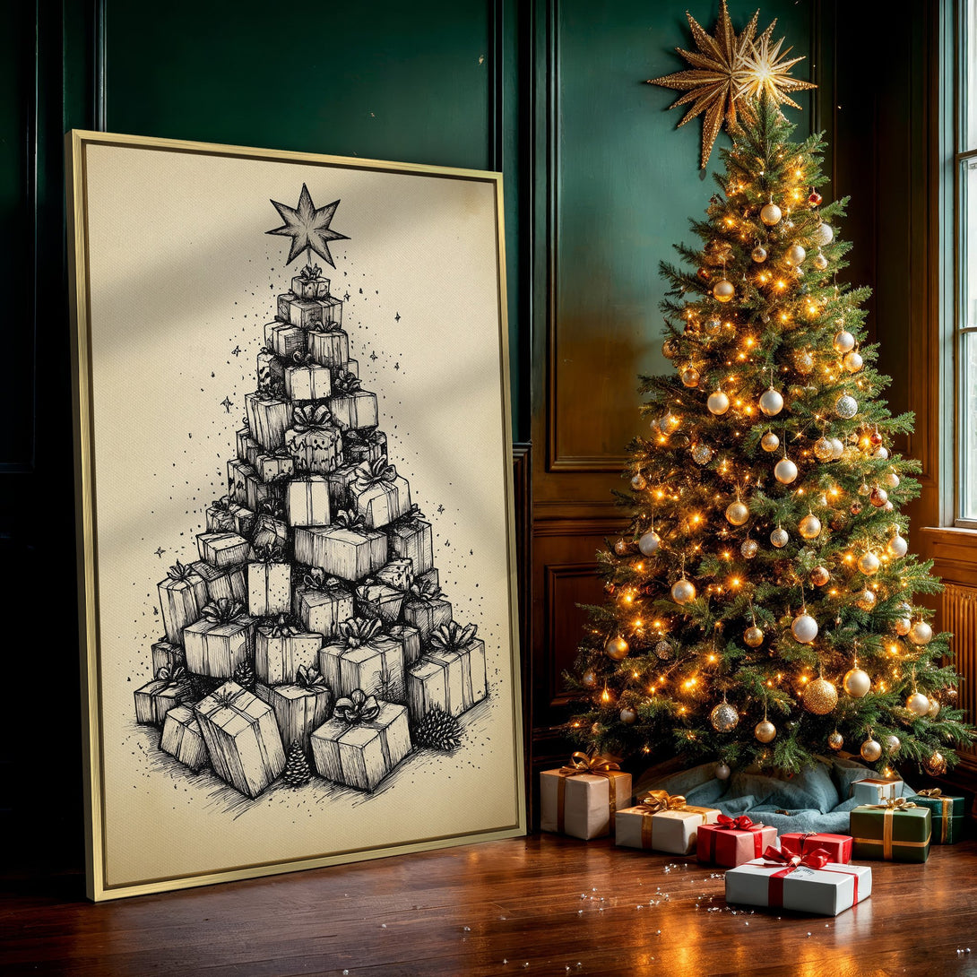Canvas Print featuring a hand-drawn Christmas tree made of gifts, neutral tones with black ink, perfect for holiday decor.