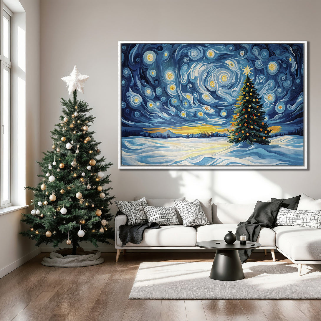 Framed Wall Art: Impressionist Christmas tree painting in blue, yellow, and white hues. Perfect holiday decor for a cozy living room.