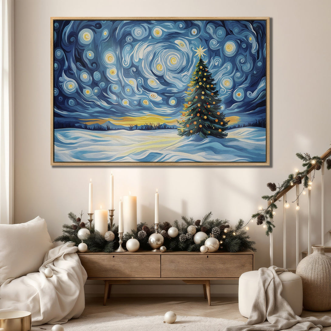 Framed Wall Art: Impressionist Christmas tree painting in blue & yellow hues. Perfect holiday decor for a cozy, stylish home. Shop now!