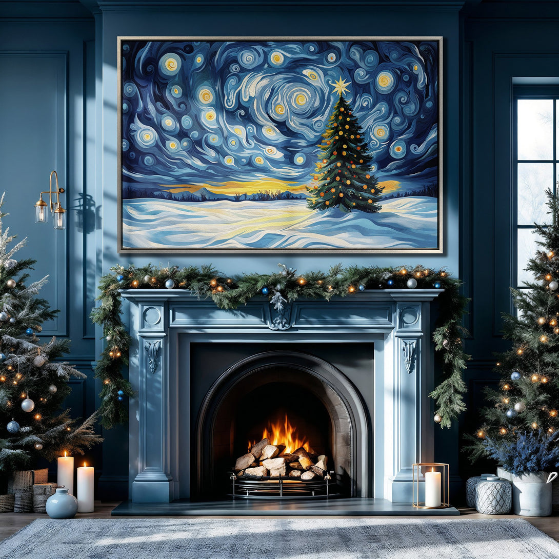 Framed Wall Art: Starry Night Christmas tree canvas print in blue and gold, perfect for holiday decor. Adds a touch of artistic flair to any room.