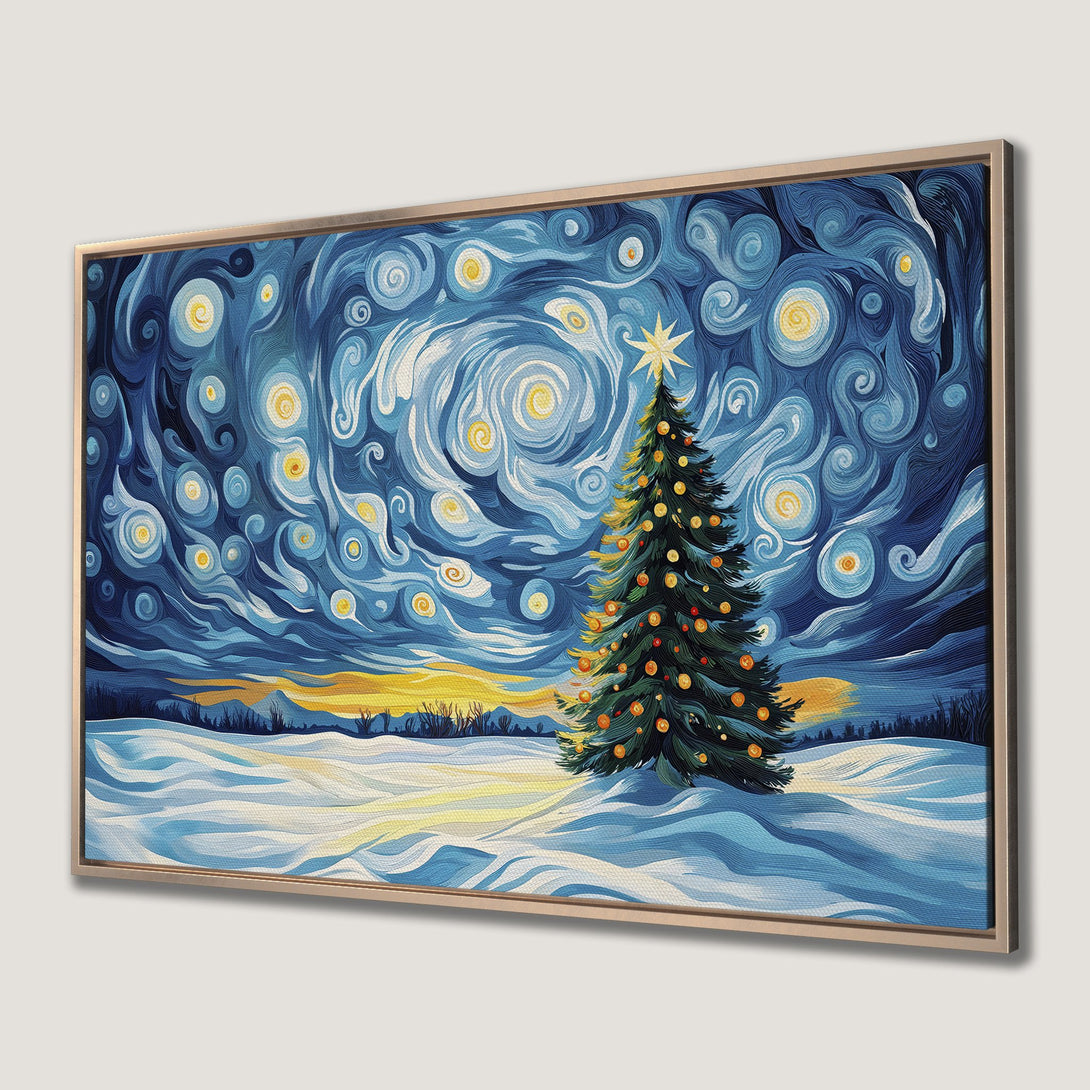 Framed Wall Art: Starry night Christmas tree painting in blue, yellow, and green. Perfect holiday decor for your home!