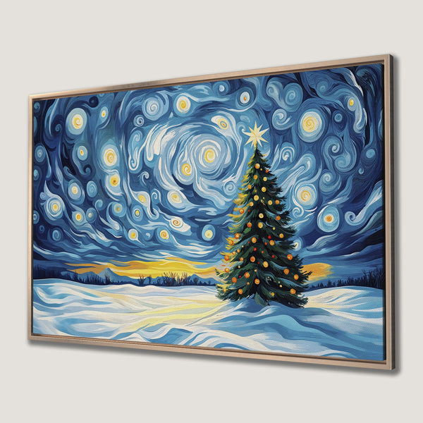 Framed Wall Art: Starry night Christmas tree painting in blue, yellow, and green. Perfect holiday decor for your home!