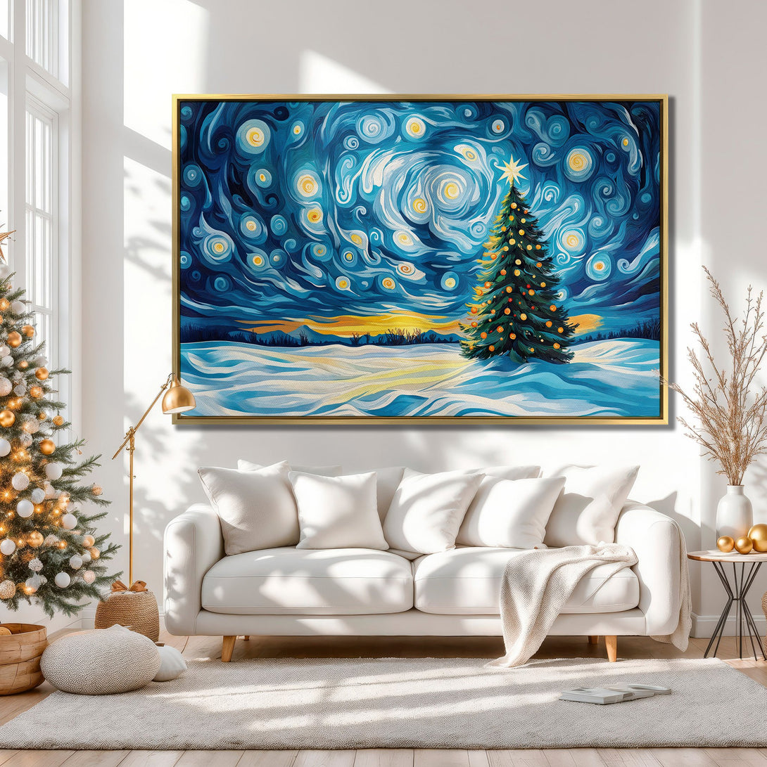 Canvas Print of a starry night Christmas scene in blue and yellow. Perfect wall art for holiday decor.
