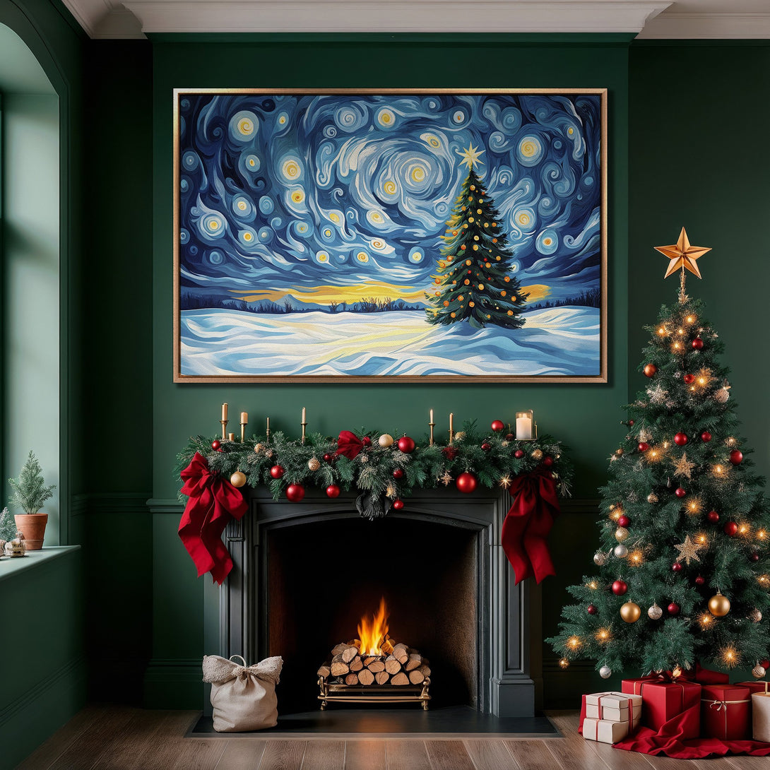 Framed Wall Art: Starry night Christmas scene in blue, yellow, and white. Cozy interior with Christmas tree, fireplace, and festive decor.