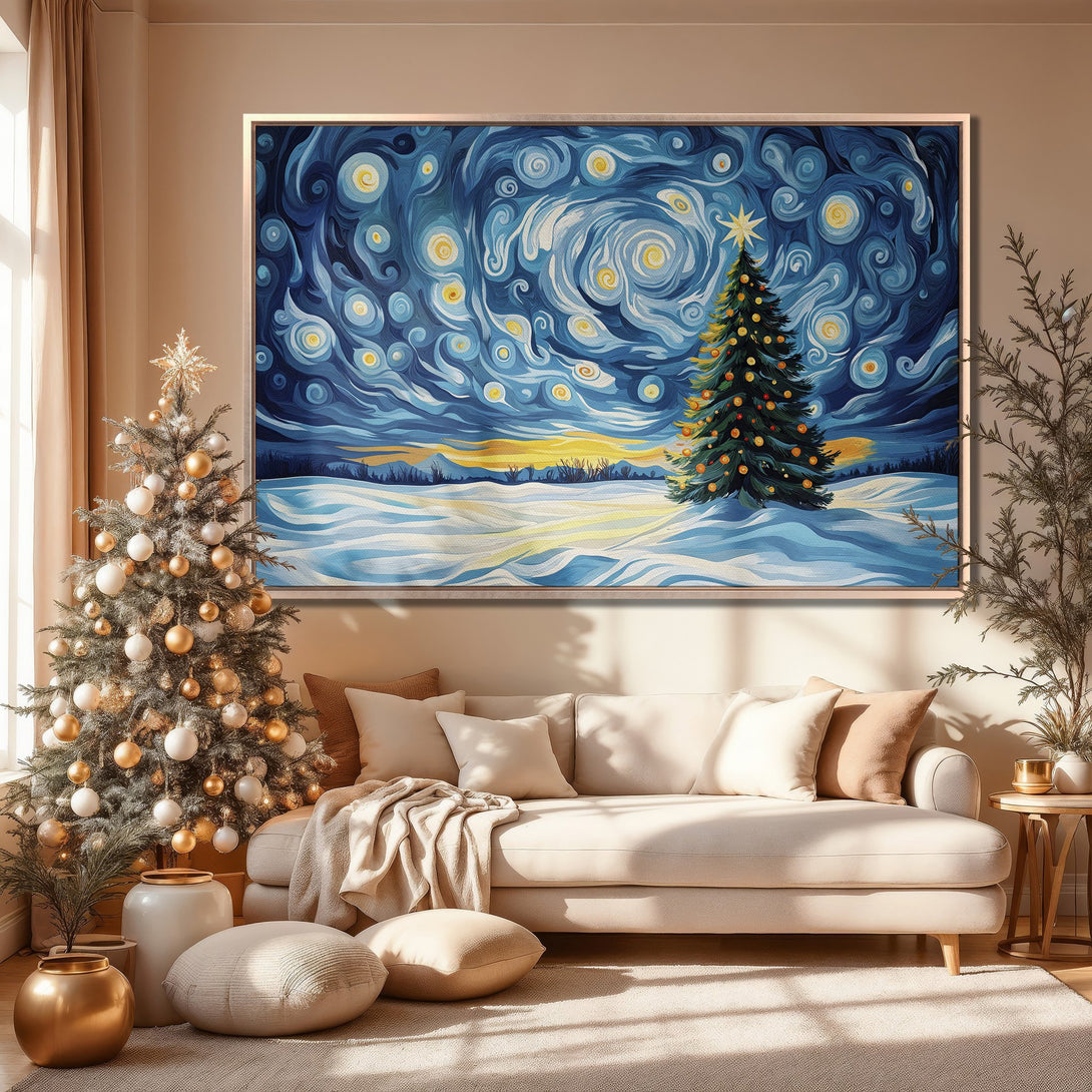 Framed Wall Art featuring a stylized winter landscape with a Christmas tree, in a blue and yellow color palette, perfect for holiday decor.