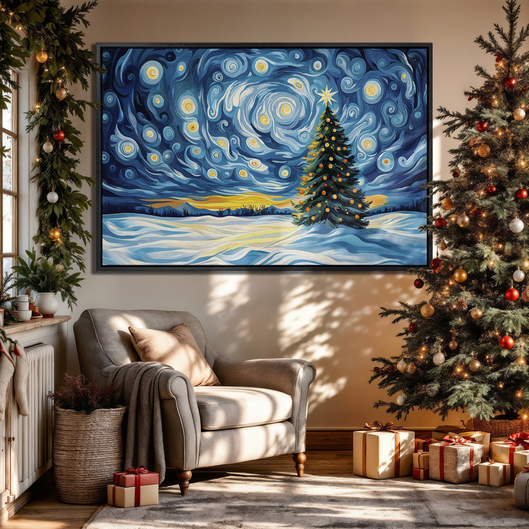 Framed Wall Art Canvas Print of a Christmas tree in a starry night style, blue and yellow palette, perfect for holiday decor.