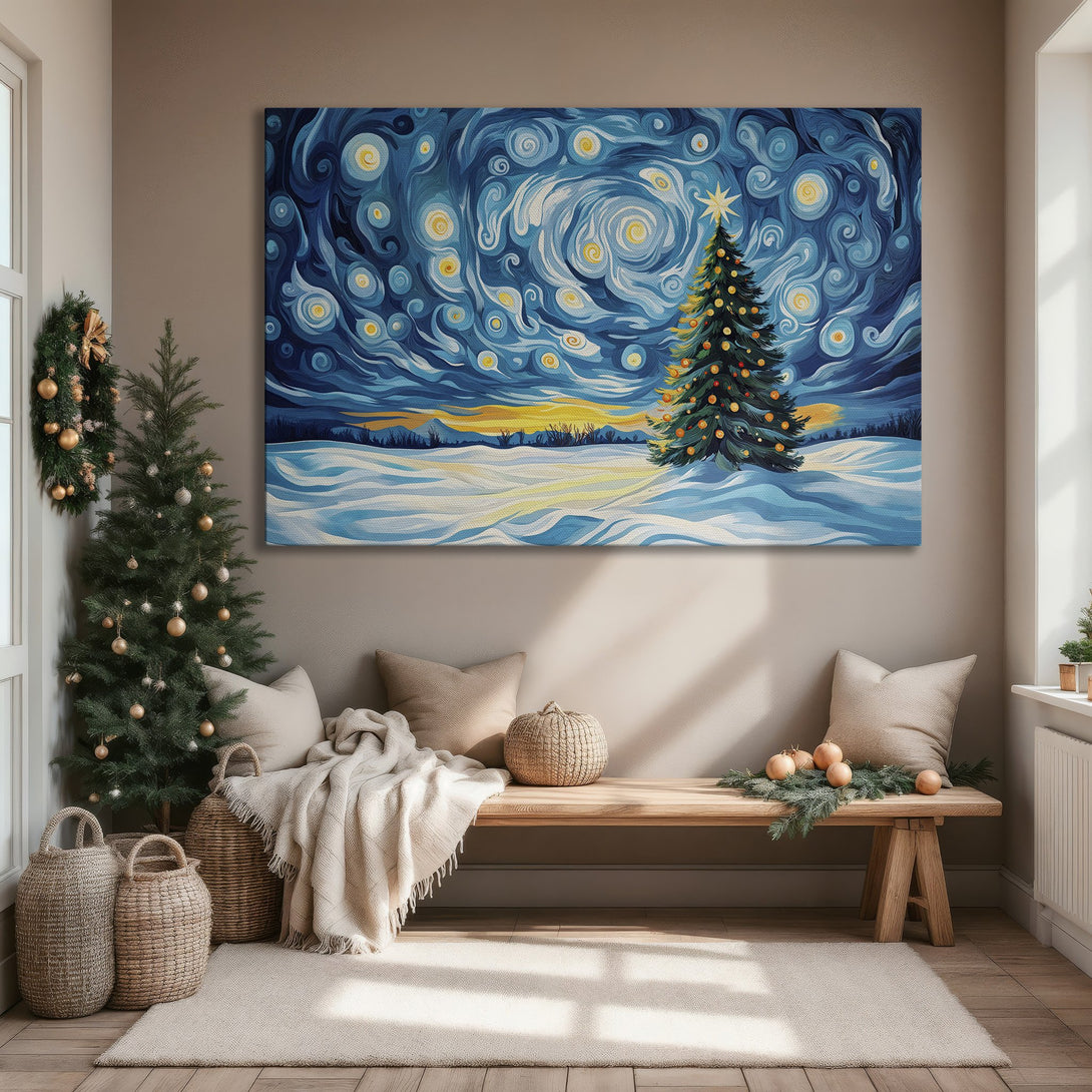 Framed Wall Art: Whimsical Christmas scene in blue & gold, perfect for holiday decor. Starry night landscape Canvas Print adds artistic flair to any room!