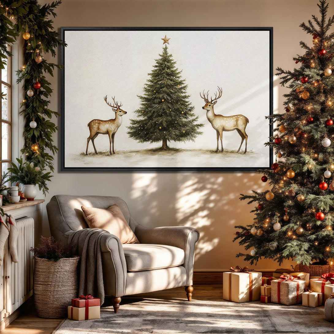 Framed Wall Art: Watercolor Christmas scene with deer and tree, warm neutral palette. Perfect holiday decor for cozy living rooms.