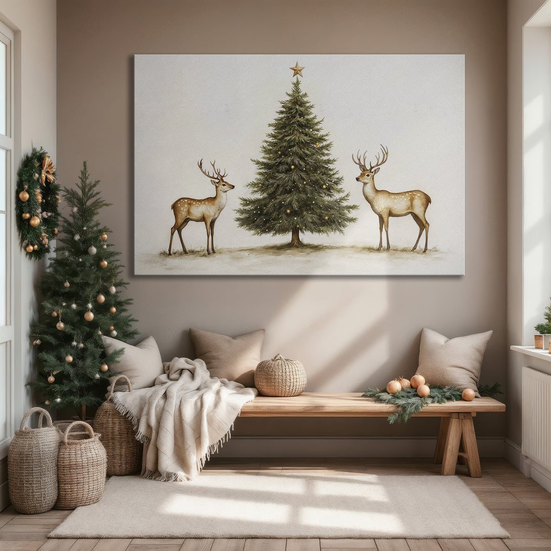 Framed Wall Art: Watercolor Christmas scene with deer and tree. Neutral color palette, perfect for holiday decor. Add cozy charm to your living room!