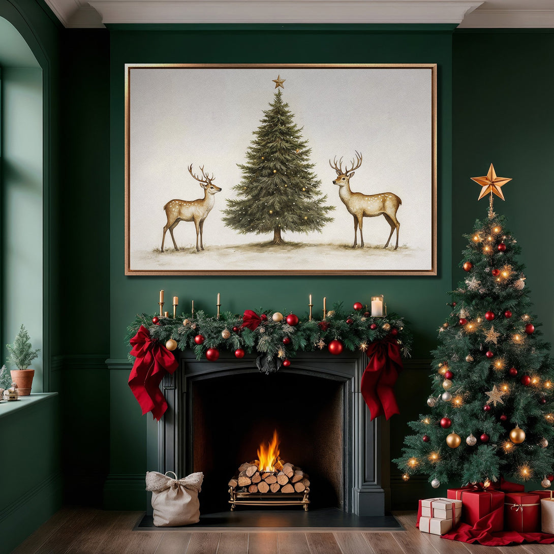 Framed Wall Art featuring a Christmas tree and deer in a cozy, green interior. Watercolor style with warm gold and red accents. Perfect holiday decor!