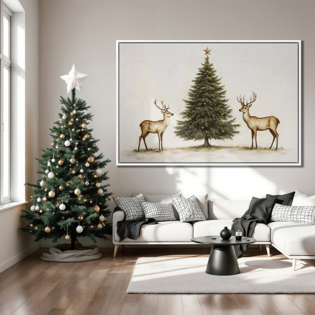 Framed Wall Art featuring a watercolor-style Christmas scene with deer and a tree. Neutral palette with warm browns and greens, perfect for holiday decor.