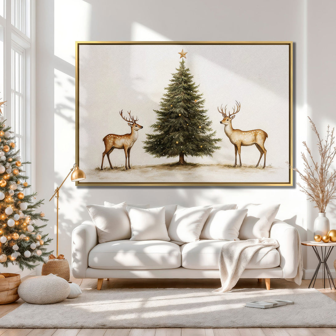 Watercolor Canvas Print of Christmas scene with deer and tree, warm neutral tones, perfect for holiday decor.