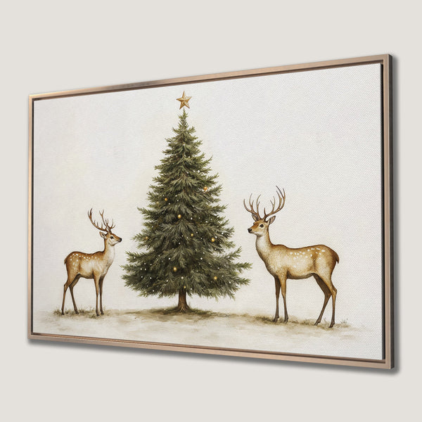Framed Wall Art: Watercolor Christmas scene with deer and tree in neutral tones. Perfect holiday decor for a cozy home.