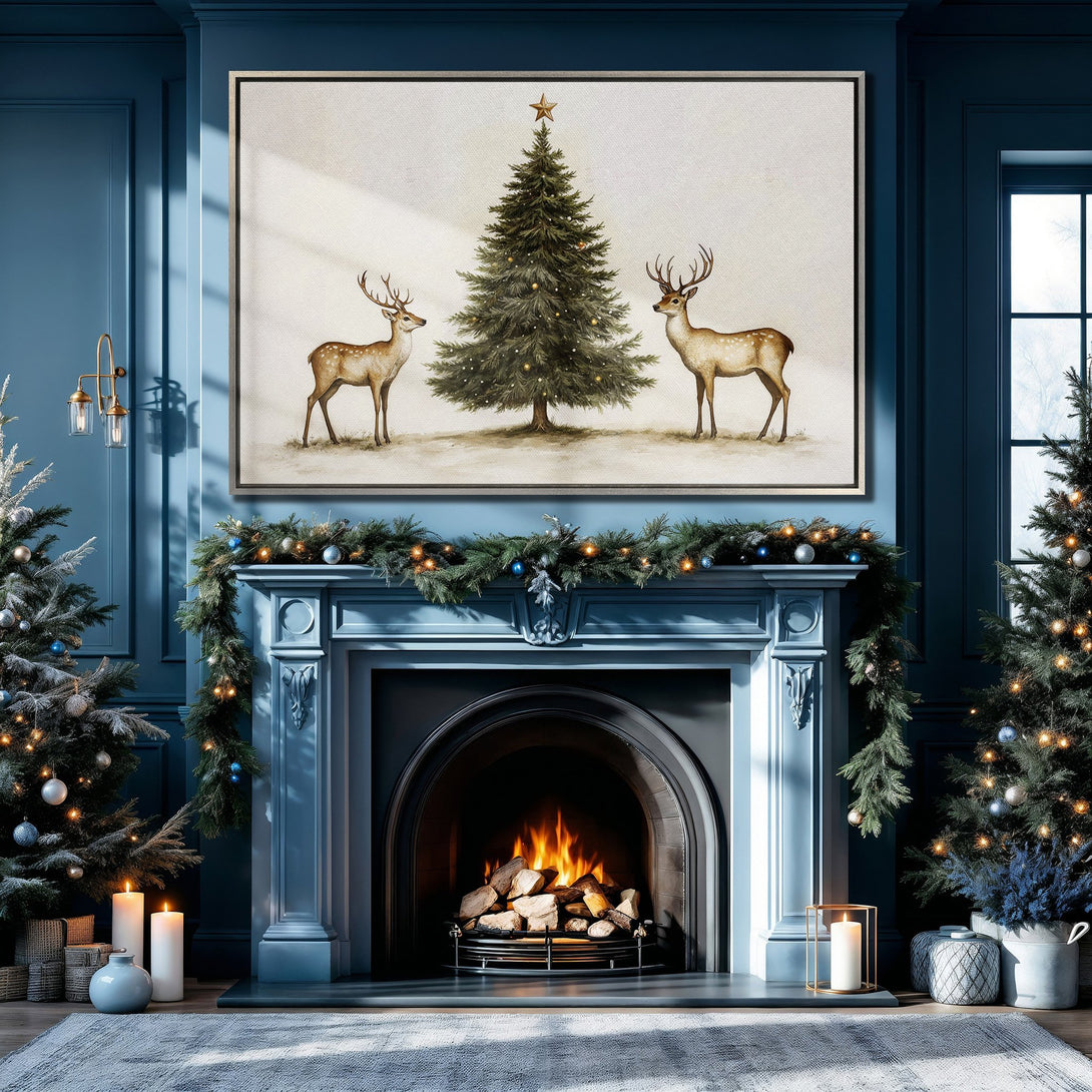 Framed Wall Art: Watercolor Christmas scene with deer and tree in a cozy blue interior. Perfect holiday decor, adding warmth and style to your home.