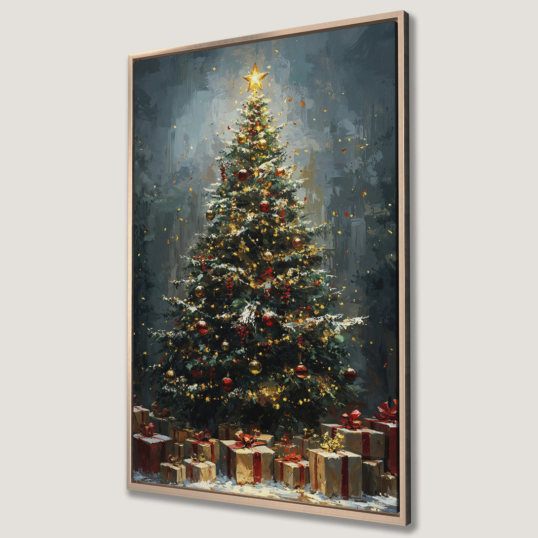 Framed Wall Art: Festive Christmas tree painting with warm gold, red, and green tones. Perfect holiday decor for your home.