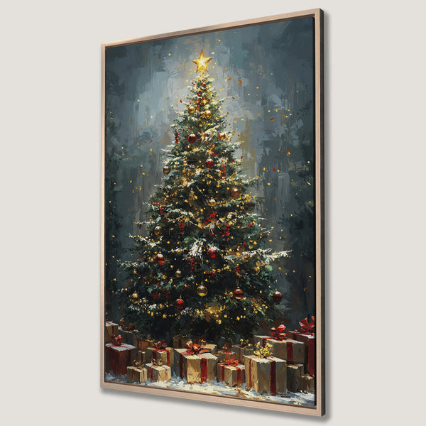 Framed Wall Art: Festive Christmas tree painting with warm gold, red, and green tones. Perfect holiday decor for your home.