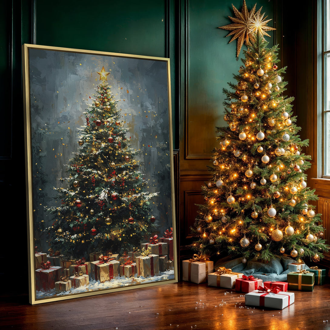 Canvas Print of a festive Christmas tree painting with a warm, inviting color palette. Perfect holiday decor!
