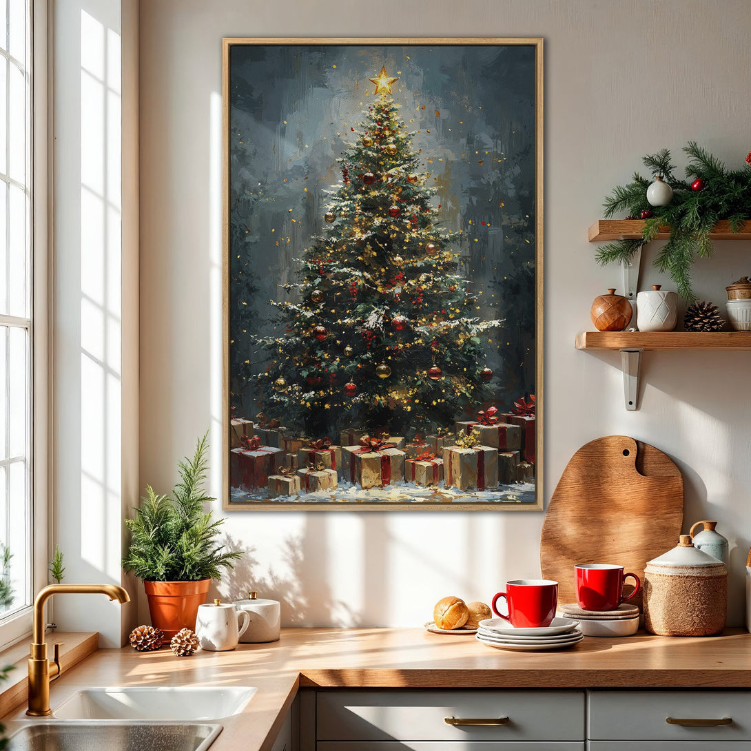 Framed Wall Art: Festive Christmas tree painting in a cozy kitchen. Impressionistic style with a dark teal and gold color palette, perfect holiday decor.
