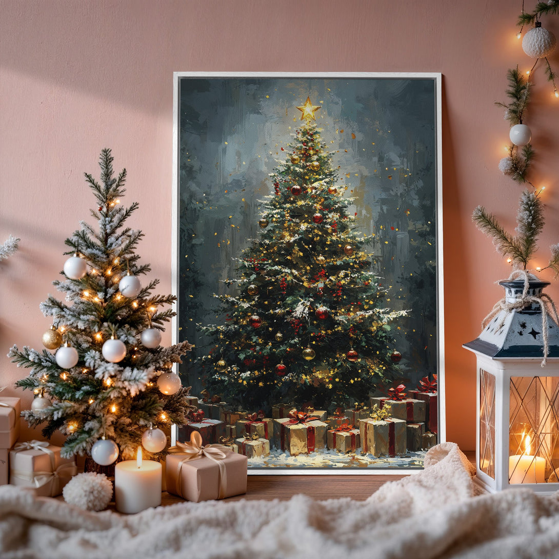 Framed Wall Art: Festive Christmas tree painting with warm, inviting colors. Perfect holiday decor. Add cozy charm to your home!