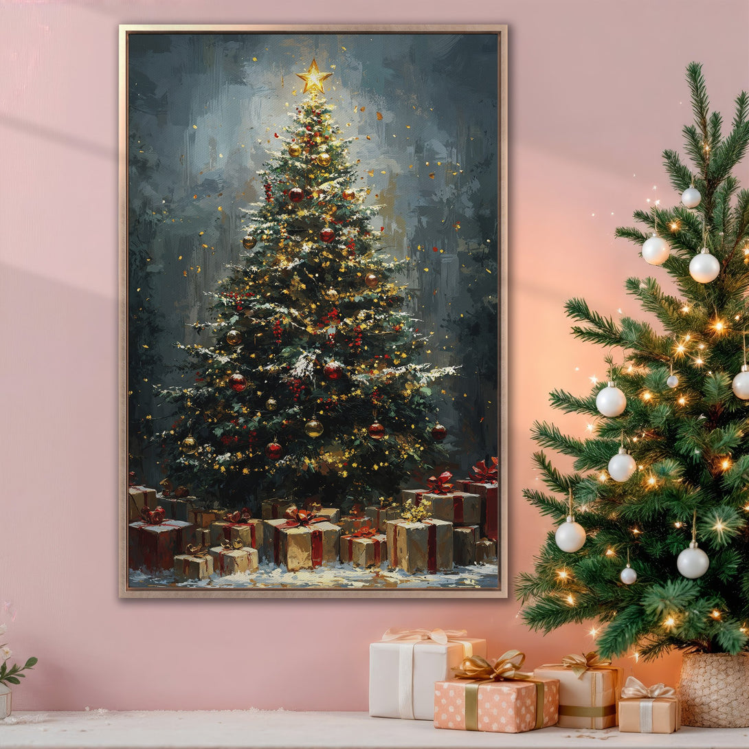 Framed Wall Art: Festive Christmas tree painting in a moody style with a dark teal and gold color palette. Perfect holiday decor!