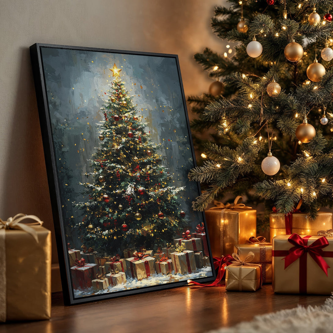 Framed Wall Art featuring a Christmas tree painting in a cozy interior. Rich, warm color palette with golds, reds, and greens. Perfect holiday decor!