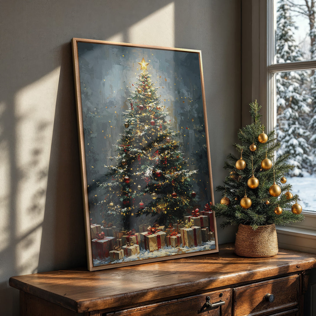 Framed Wall Art: Festive Christmas tree painting in a cozy interior. Moody blue, gold, and red color palette. Perfect holiday decor.