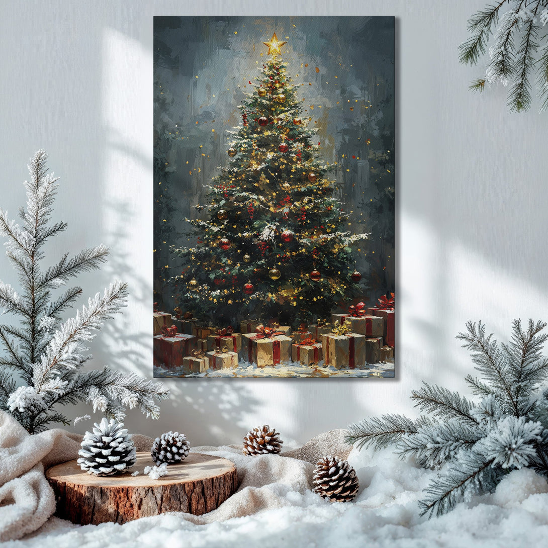 Framed Wall Art: Christmas tree painting with warm gold, green, and red tones. Festive decor for the holidays.