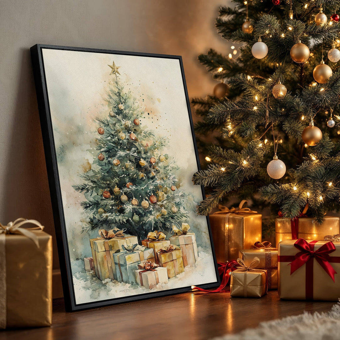 Framed Wall Art: Watercolor Christmas tree print with warm gold and green tones, perfect holiday decor. Enhance your festive space!