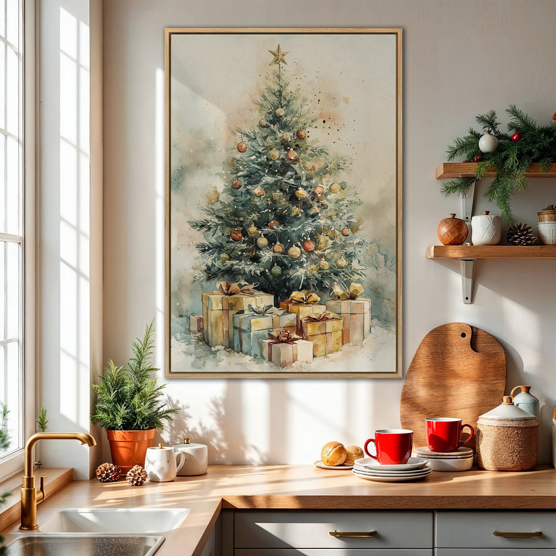 Framed Wall Art: Watercolor Christmas tree print in a cozy kitchen. Soft greens, golds, and warm neutrals create a festive, inviting atmosphere. Perfect holiday decor.