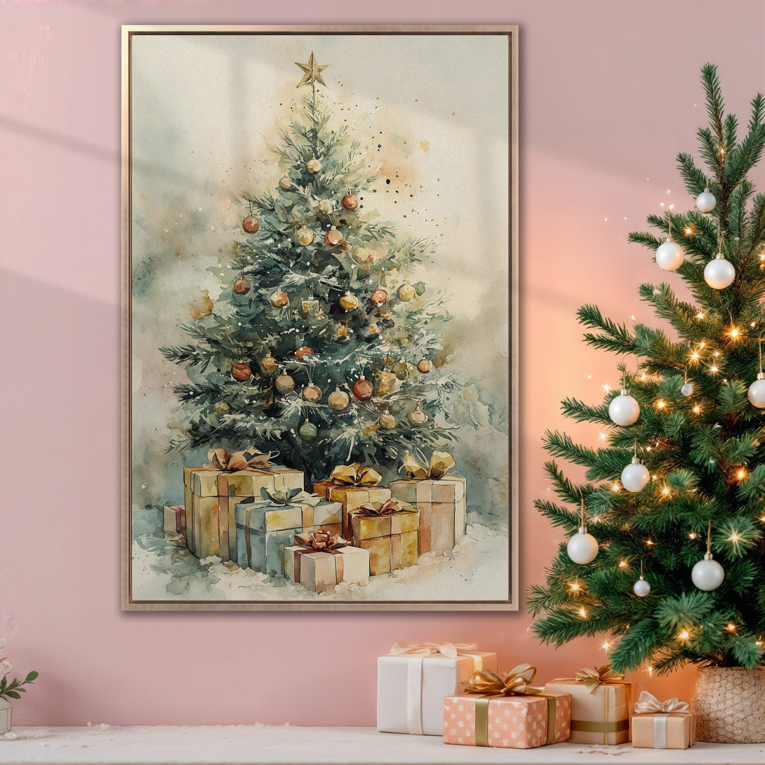 Framed Wall Art: Watercolor Christmas tree print in soft, warm tones. Perfect holiday decor for a cozy, inviting space. Shop now!