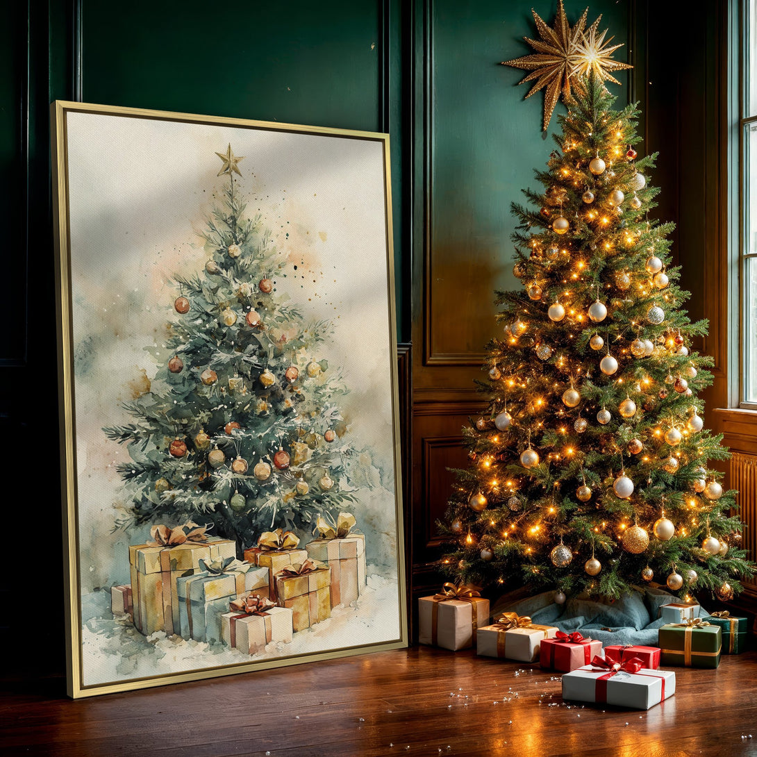 Canvas Print: Watercolor Christmas tree art with a neutral color palette. Perfect holiday wall decor for a cozy, festive feel.