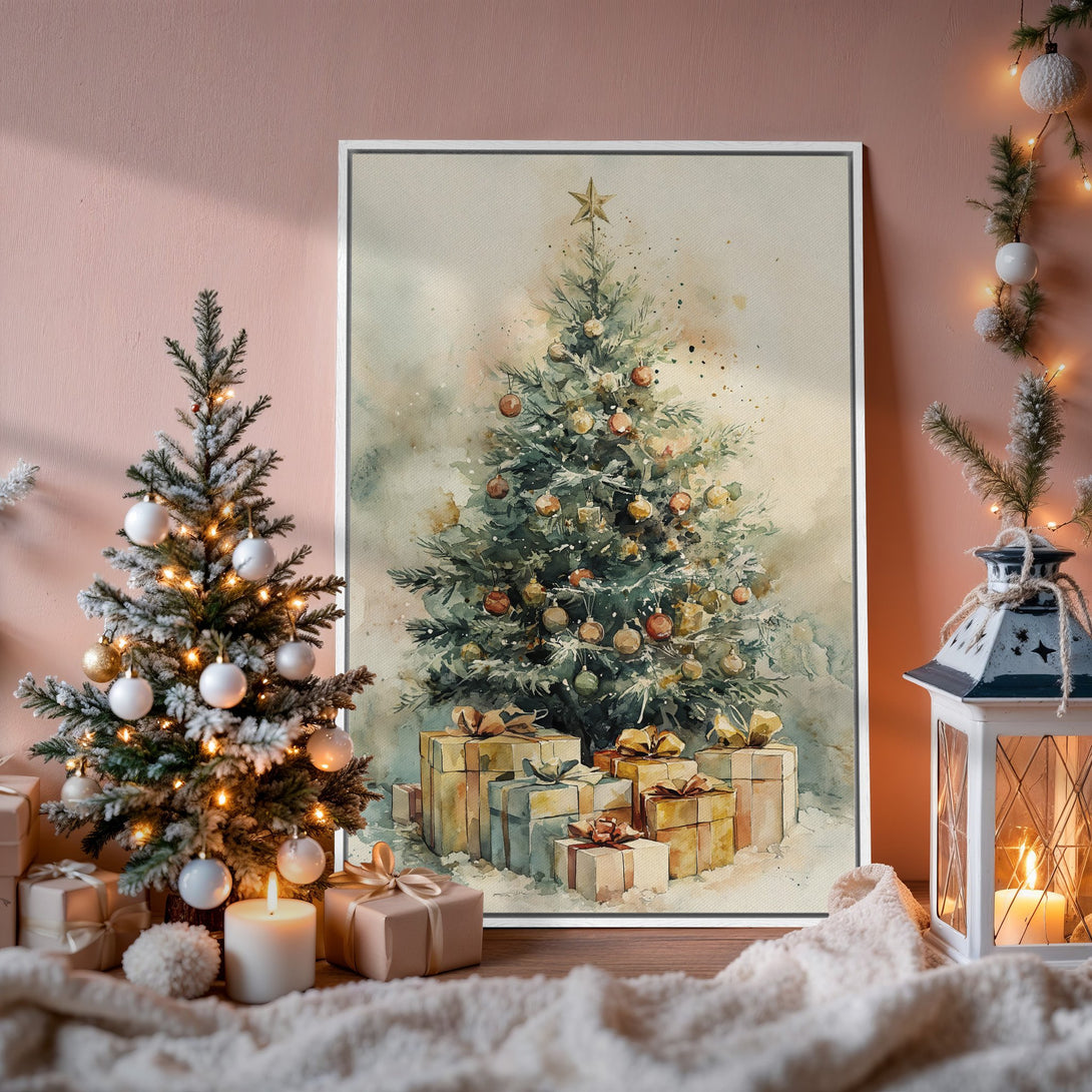 Framed Wall Art: Watercolor Christmas tree art with warm, neutral tones. Perfect holiday decor for a cozy, stylish home. Shop now!