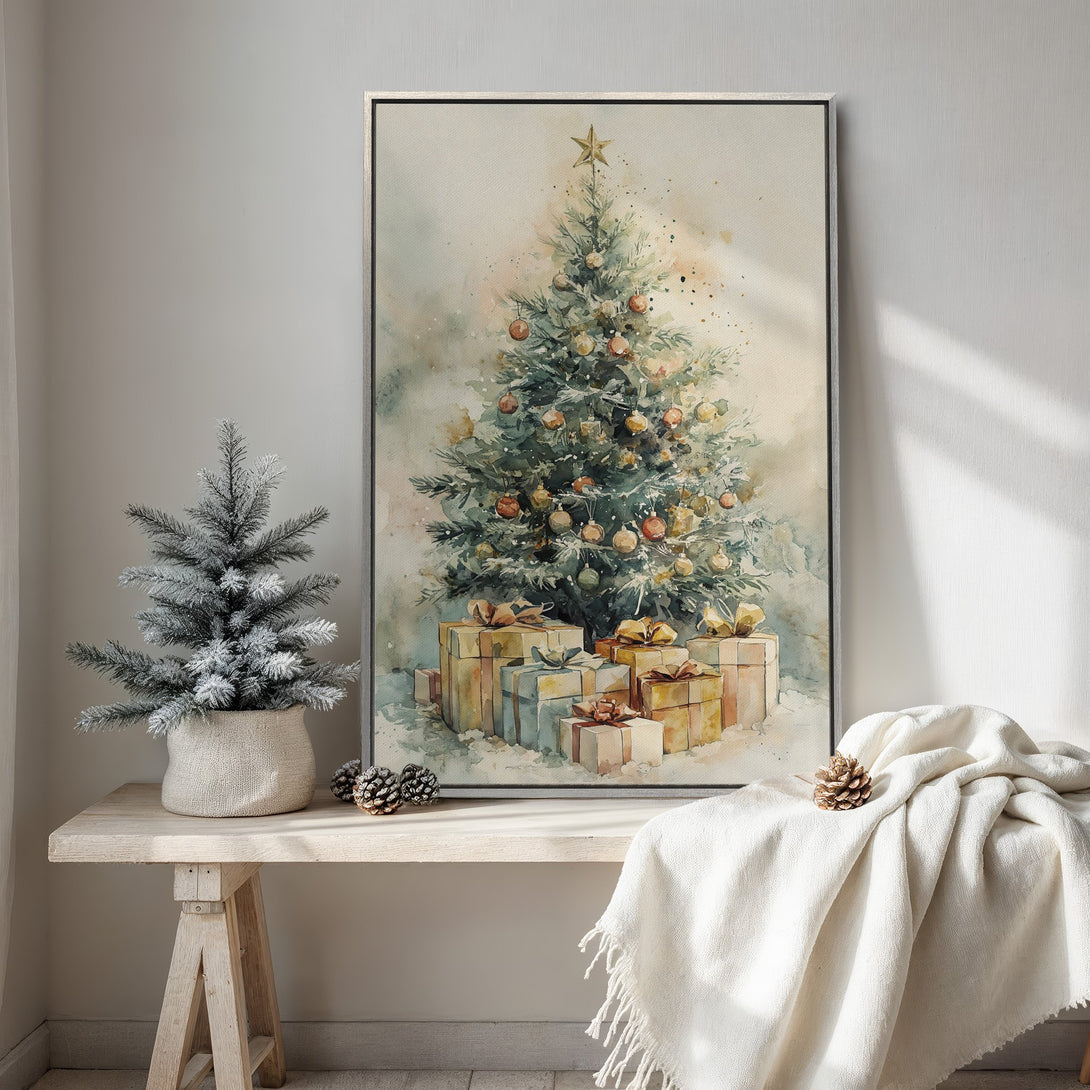 Framed Wall Art: Watercolor Christmas tree print in soft greens & golds. Perfect holiday decor for a cozy, inviting space. Shop our festive art collection!